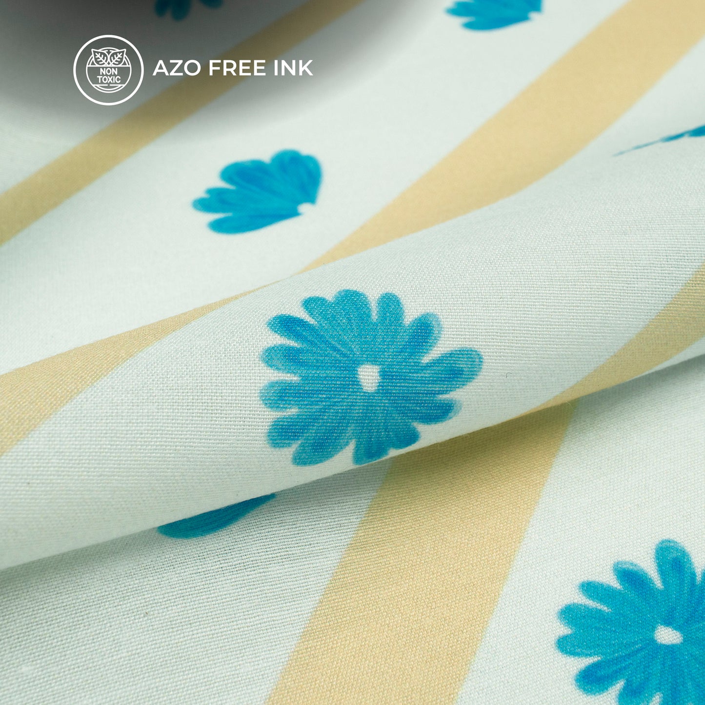 Simple Blue Flowers On Diagonal Beige Stripes Digital Print Muslin Fabric