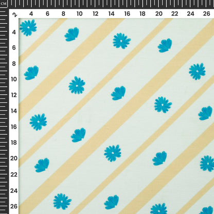 Simple Blue Flowers On Diagonal Beige Stripes Digital Print Muslin Fabric