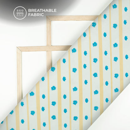 Simple Blue Flowers On Diagonal Beige Stripes Digital Print Muslin Fabric