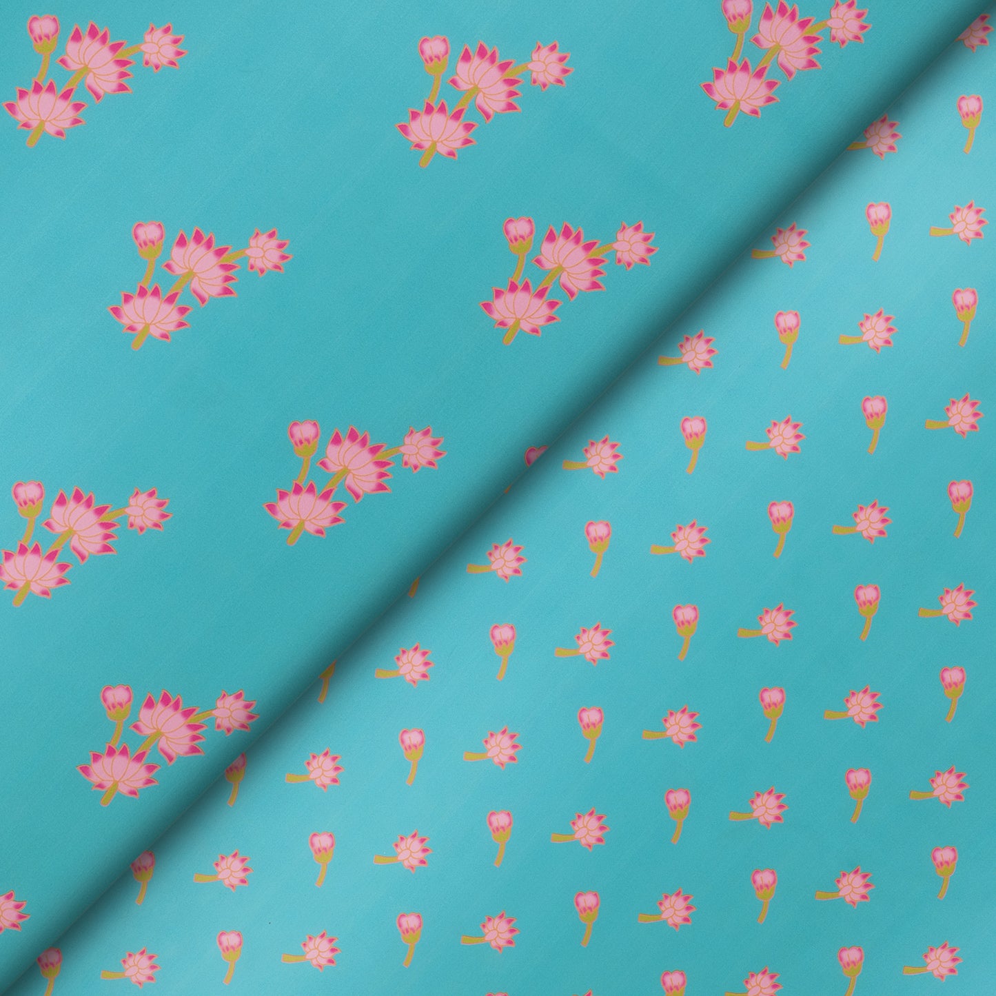 Pink Floral On Vibrent Blue Backgound Digital Print Muslin Fabric