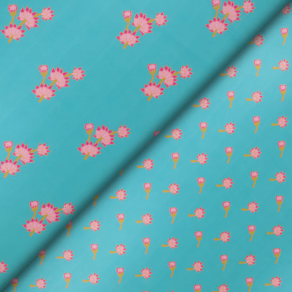 Stylized Tulips On Bright Turquoise Background Digital Print Muslin Fabric