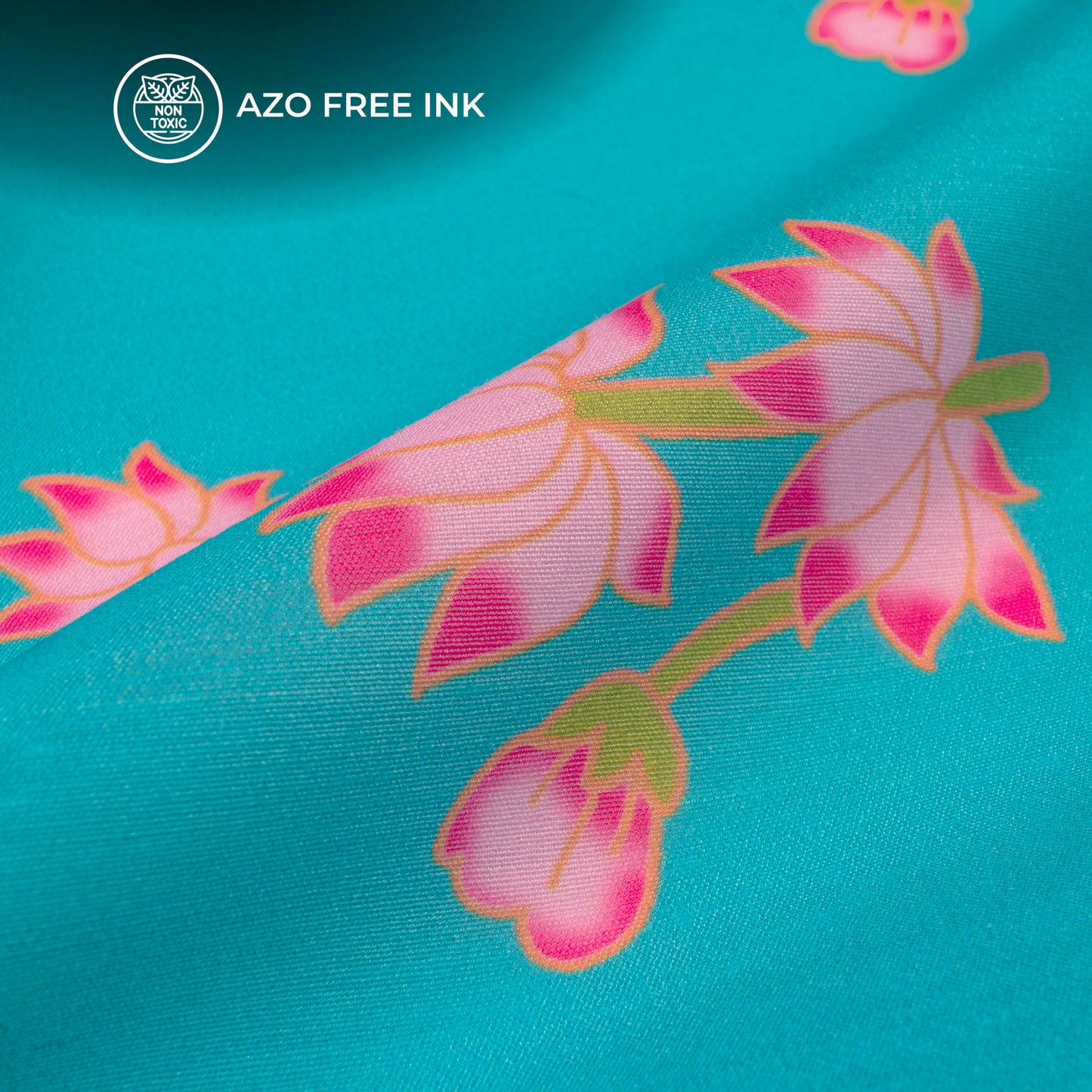 Pink Floral On Vibrent Blue Backgound Digital Print Muslin Fabric
