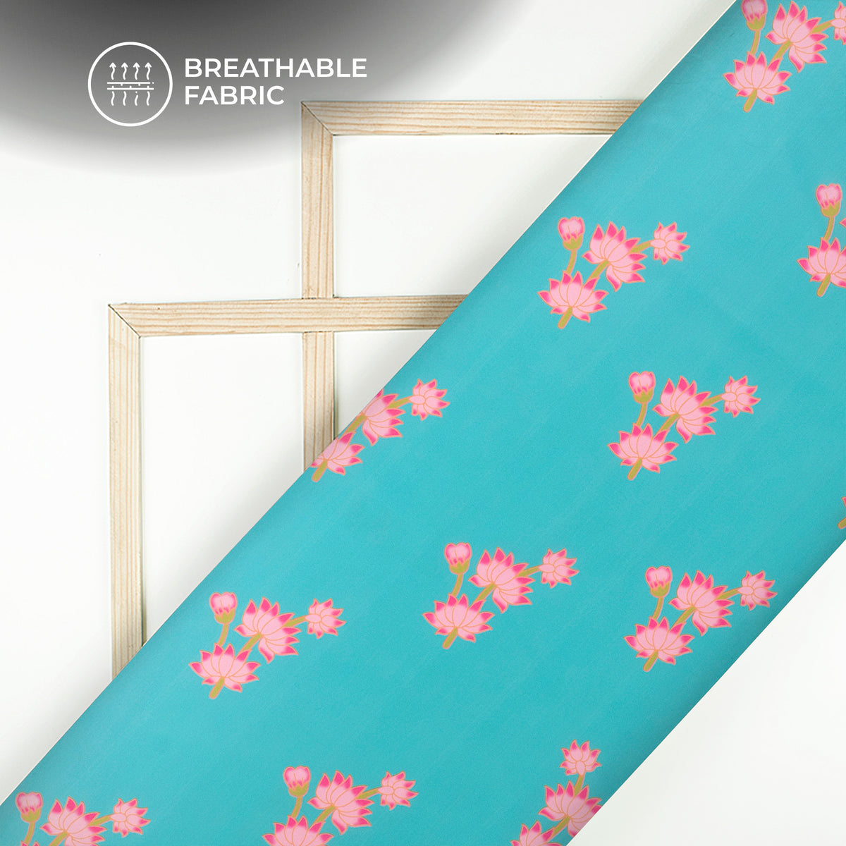 Pink Floral On Vibrent Blue Backgound Digital Print Muslin Fabric