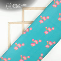 Pink Floral On Vibrent Blue Backgound Digital Print Muslin Fabric