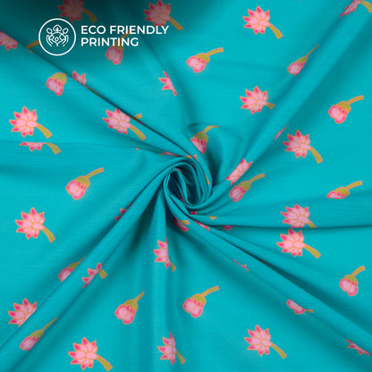 Stylized Tulips On Bright Turquoise Background Digital Print Muslin Fabric