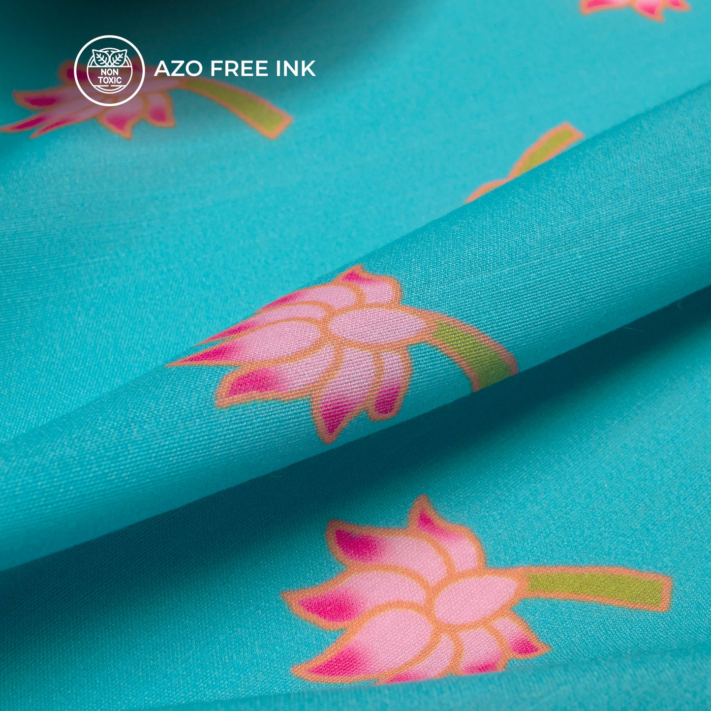 Stylized Tulips On Bright Turquoise Background Digital Print Muslin Fabric