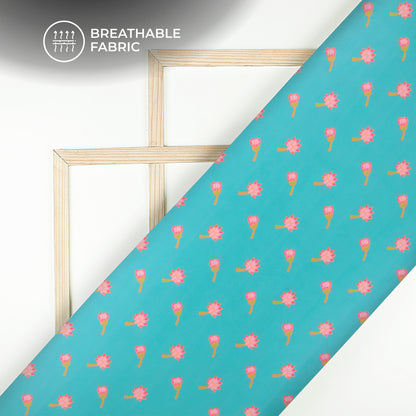 Stylized Tulips On Bright Turquoise Background Digital Print Muslin Fabric