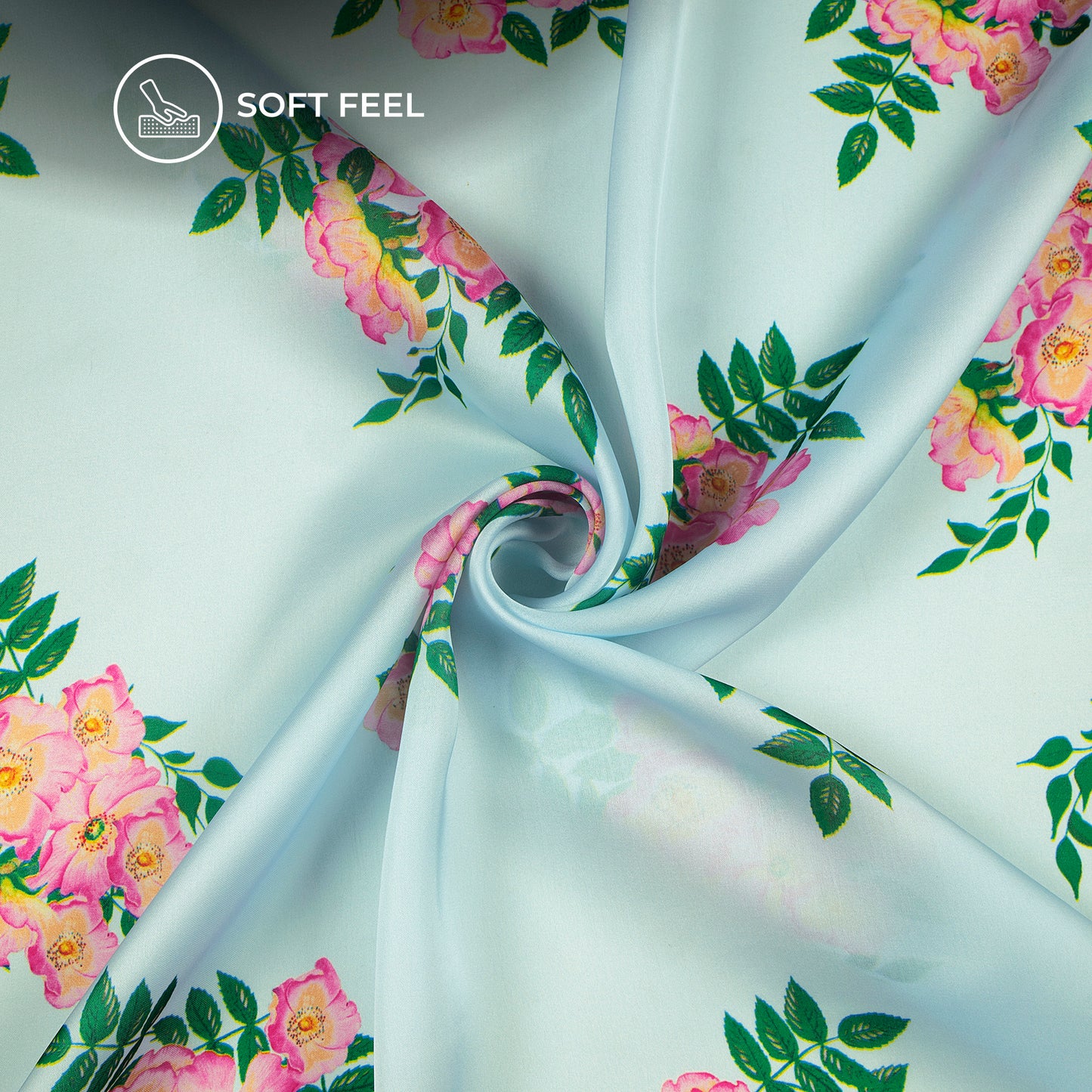 Pink Wild Roses And Green Leaves Digital Print Lightweight Georgette Fabric