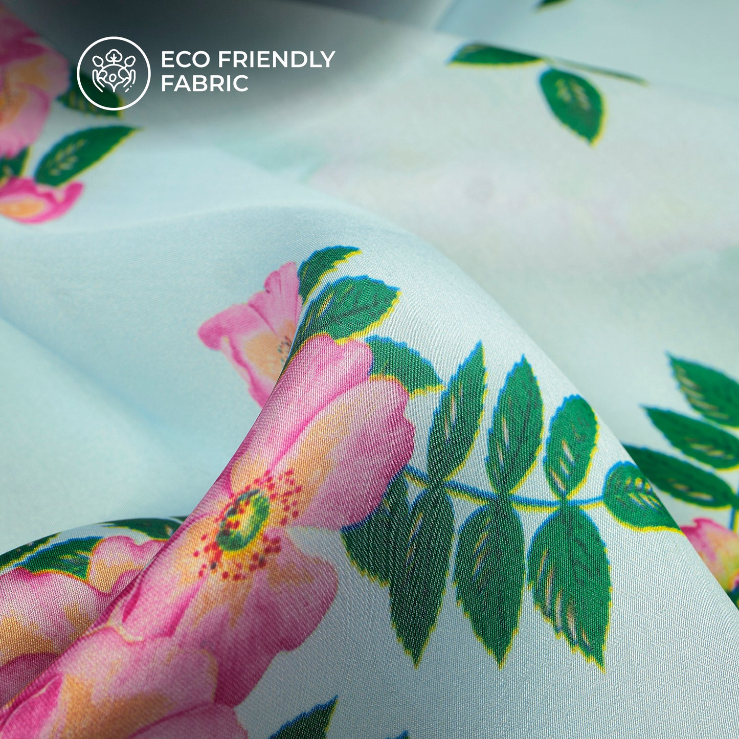 Pink Wild Roses And Green Leaves Digital Print Lightweight Georgette Fabric