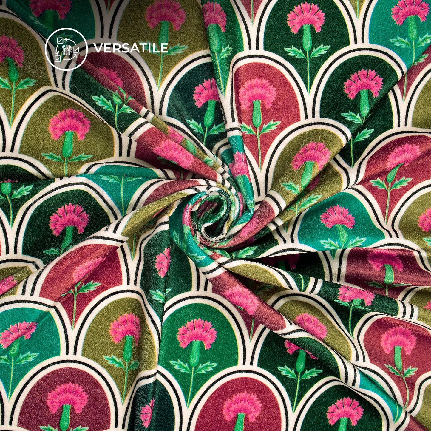 Stylized Tulip Flower Scallop Digital Print Premium Velvet Fabric