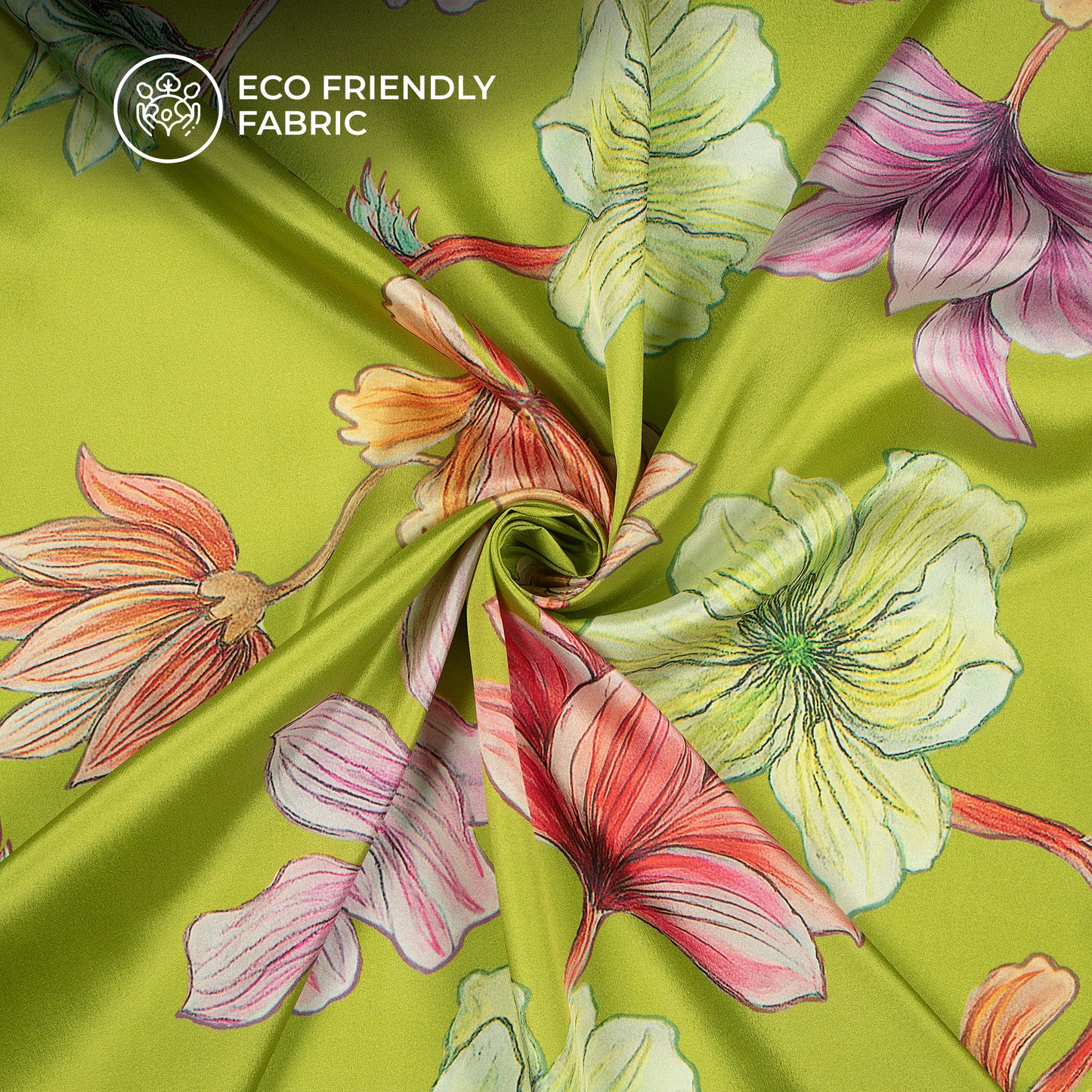 Olive Green Background Beautiful Floral Digital Print Crepe Silk Fabric