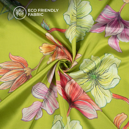 Olive Green Background Beautiful Floral Digital Print Crepe Silk Fabric