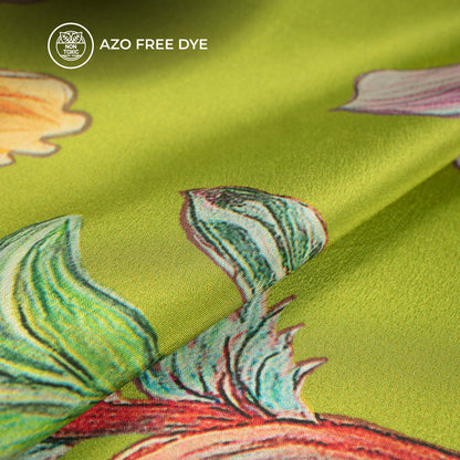 Olive Green Background Beautiful Floral Digital Print Crepe Silk Fabric
