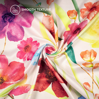 Multi Color Abstract Flower Design Digital Print Lush Satin Fabric