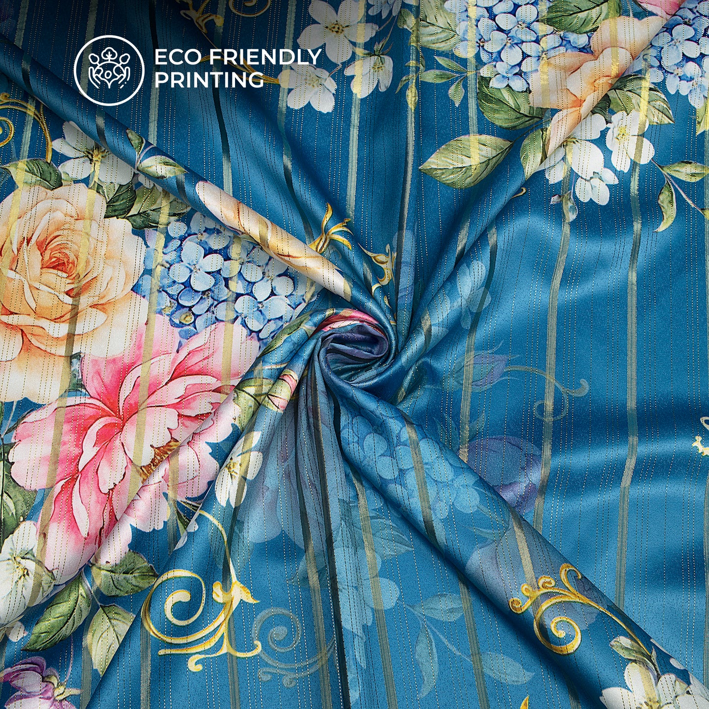 Navy Blue Floral Digital Print Golden Lurex Satin Fabric