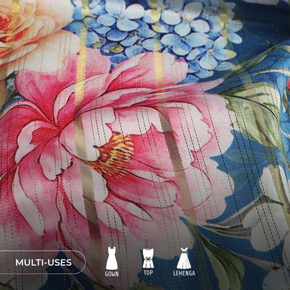 Navy Blue Floral Digital Print Golden Lurex Satin Fabric