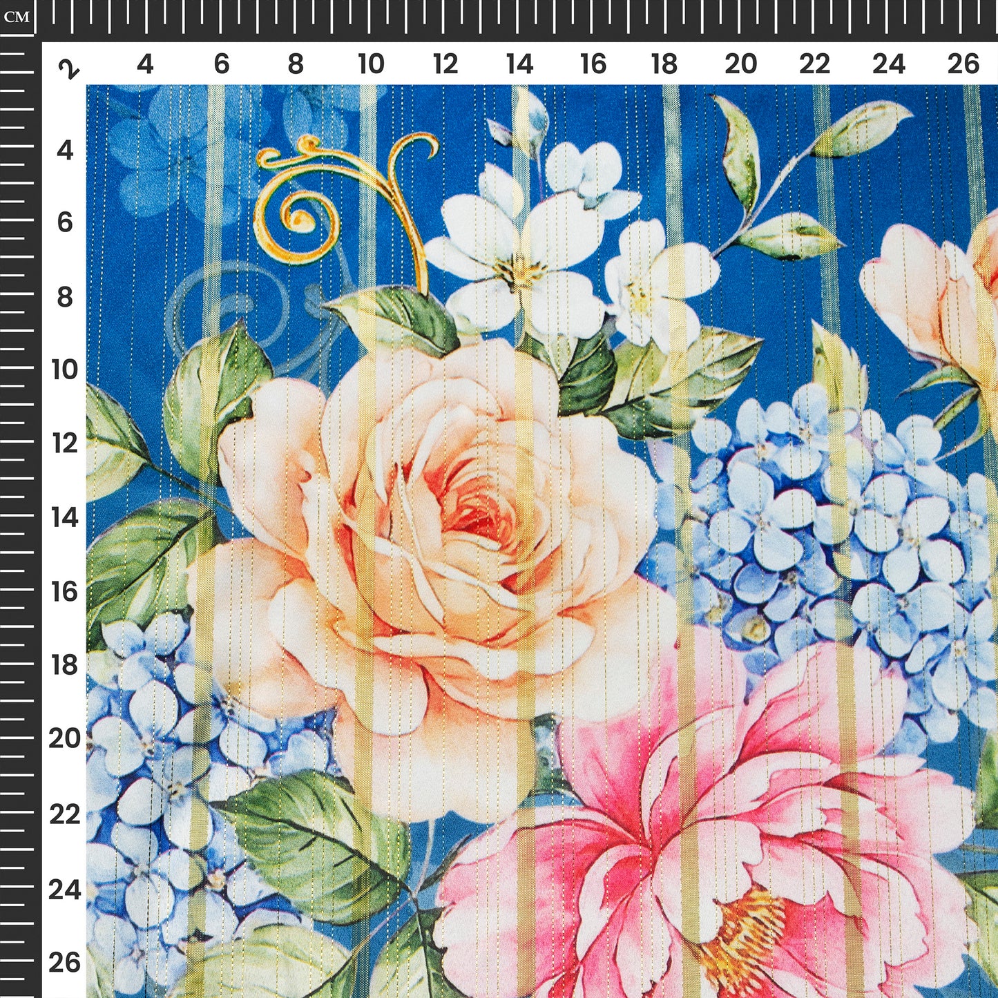 Navy Blue Floral Digital Print Golden Lurex Satin Fabric