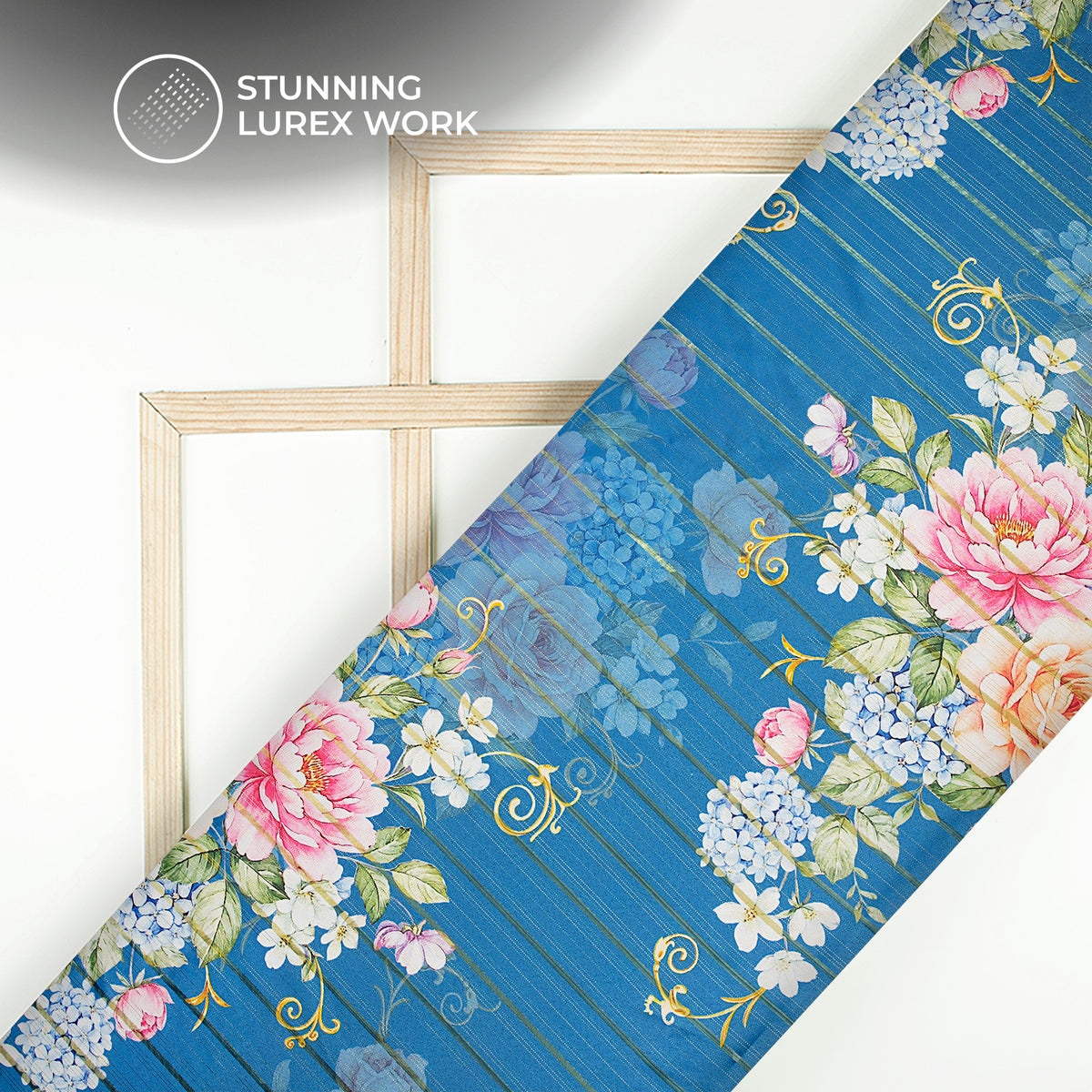 Navy Blue Floral Digital Print Golden Lurex Satin Fabric