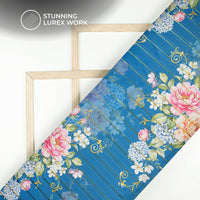 Navy Blue Floral Digital Print Golden Lurex Satin Fabric