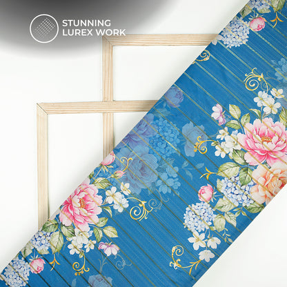 Navy Blue Floral Digital Print Golden Lurex Satin Fabric