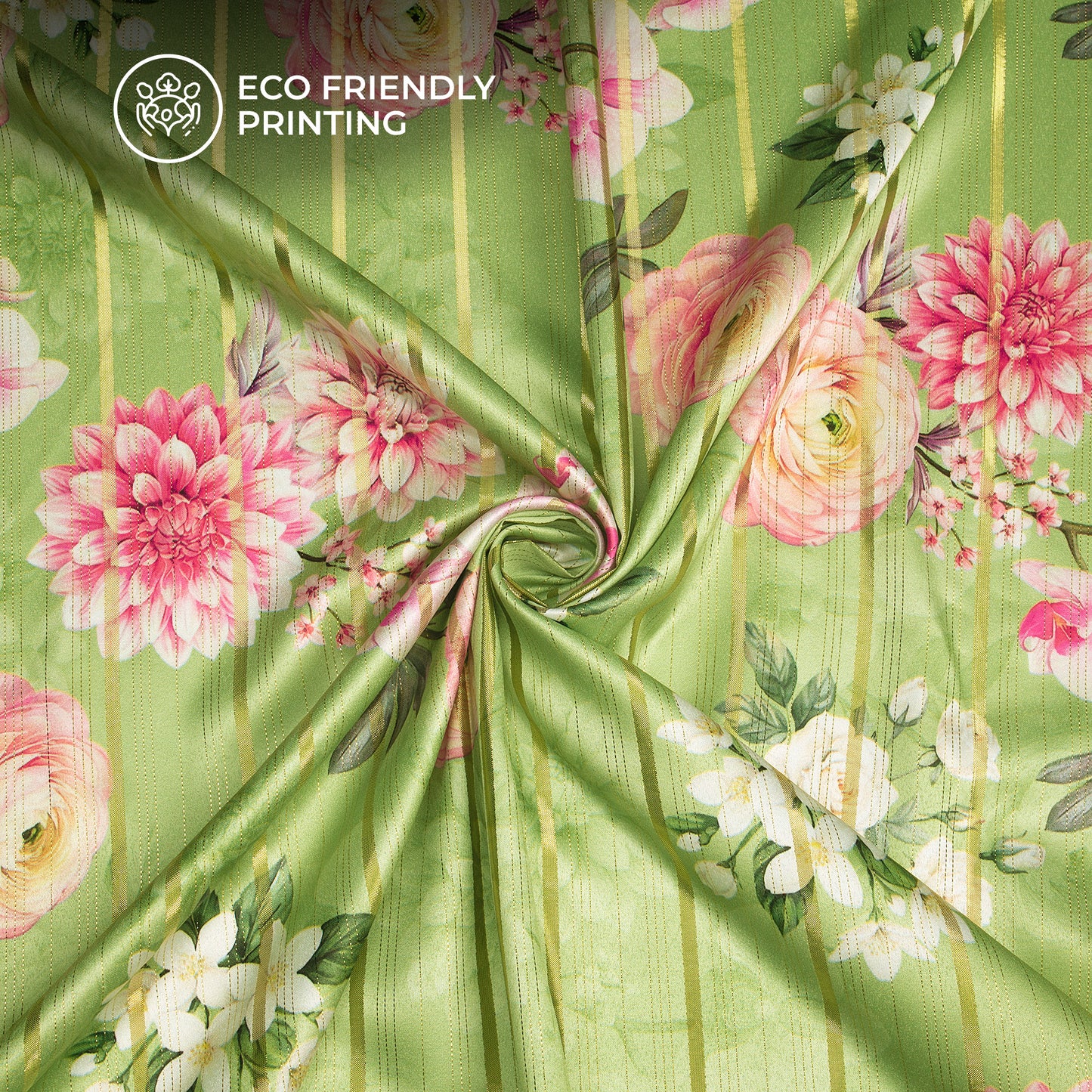Mint Green Bloosom Floral Digital Print Golden Lurex Satin Fabric