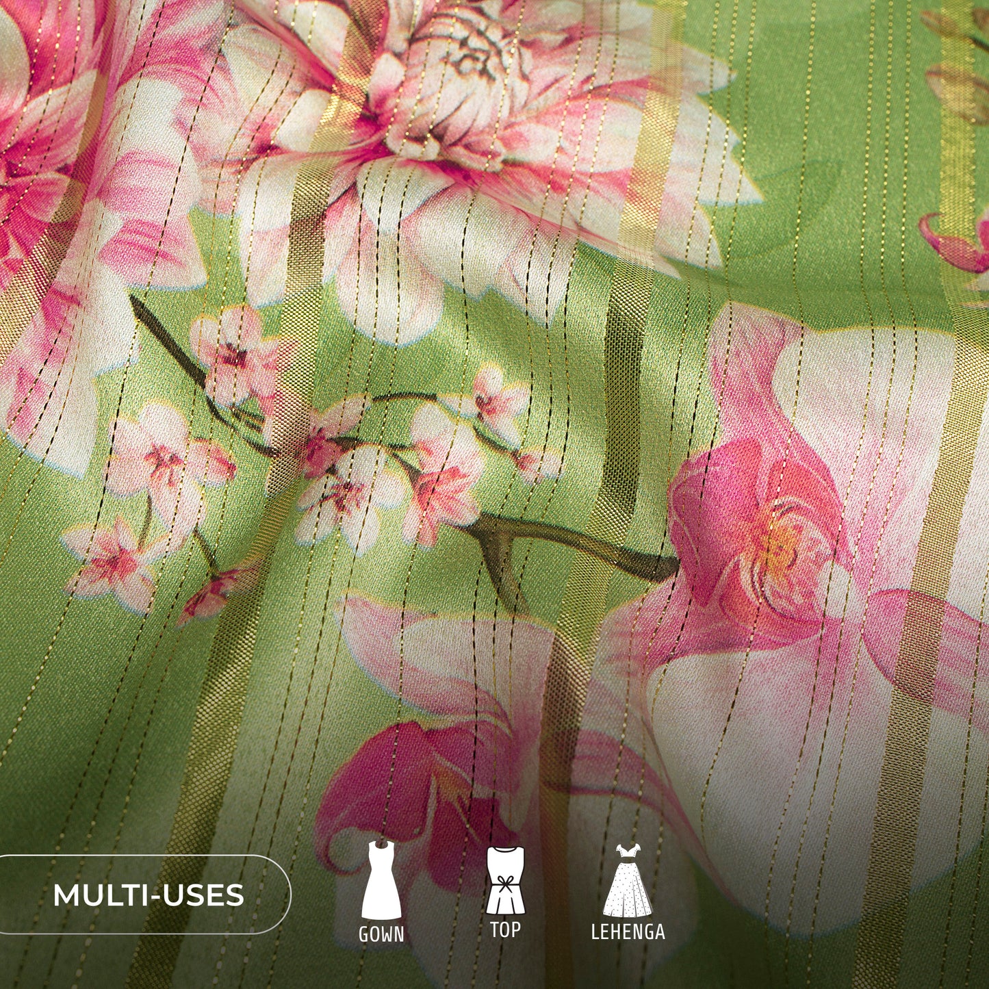 Mint Green Bloosom Floral Digital Print Golden Lurex Satin Fabric