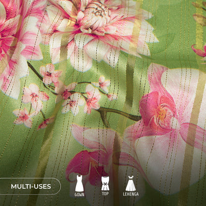 Mint Green Bloosom Floral Digital Print Golden Lurex Satin Fabric