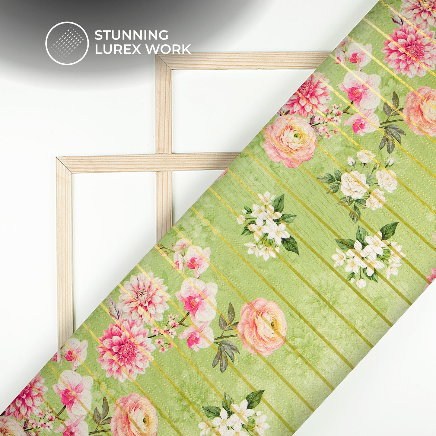 Mint Green Bloosom Floral Digital Print Golden Lurex Satin Fabric