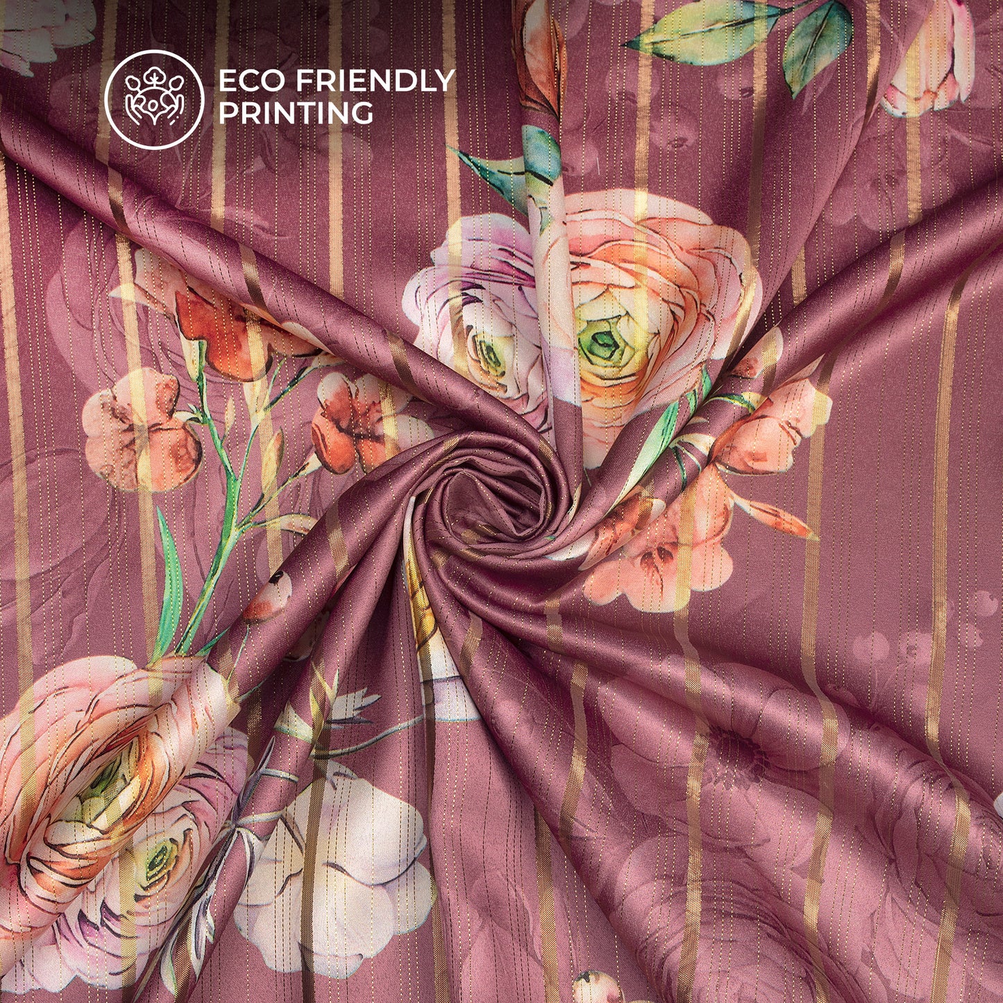 Stylish Brown Floral Digital Print Golden Lurex Satin Fabric