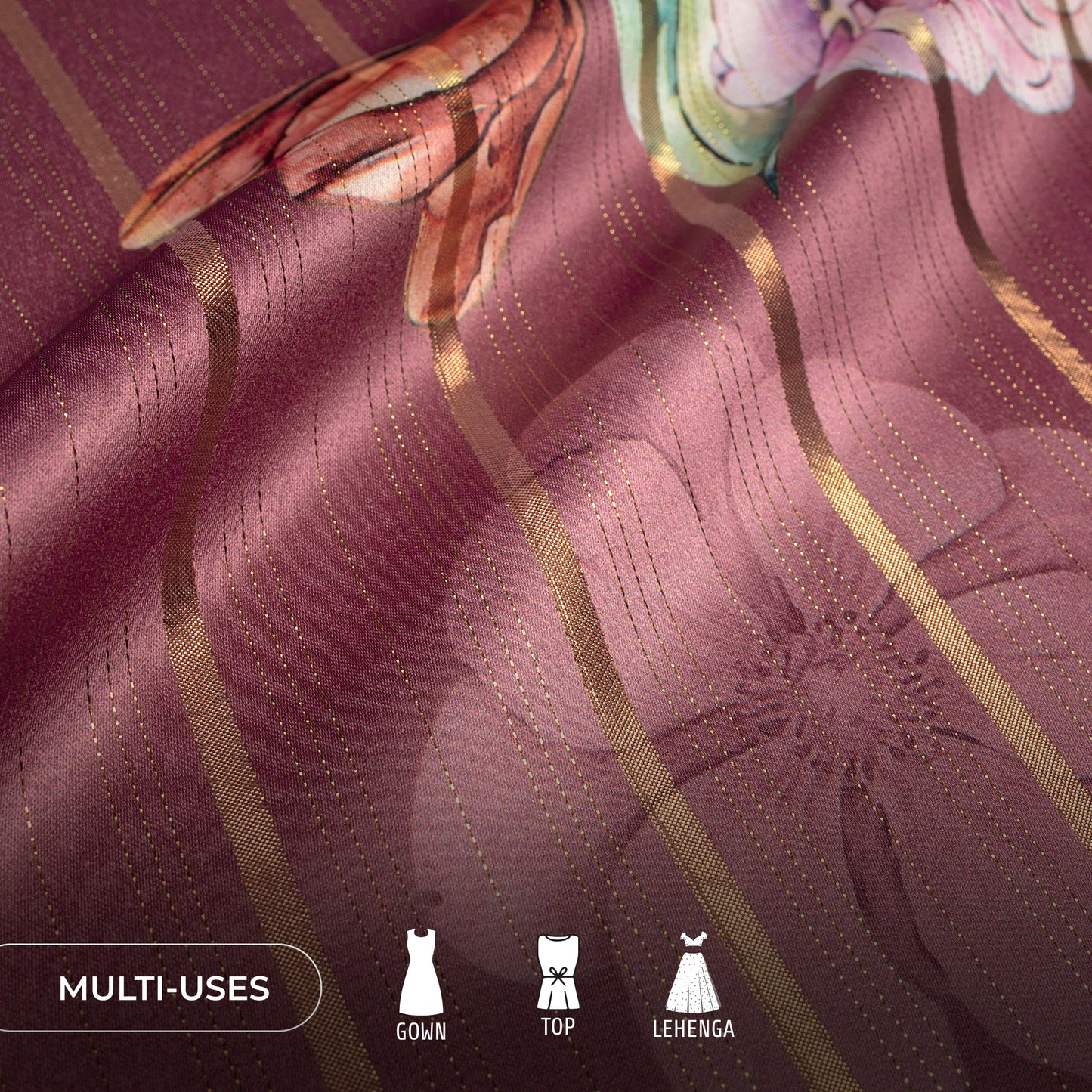 Stylish Brown Floral Digital Print Golden Lurex Satin Fabric