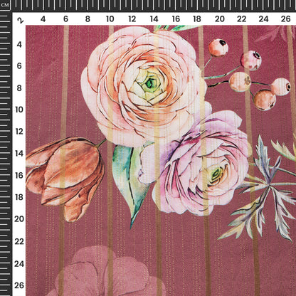 Stylish Brown Floral Digital Print Golden Lurex Satin Fabric