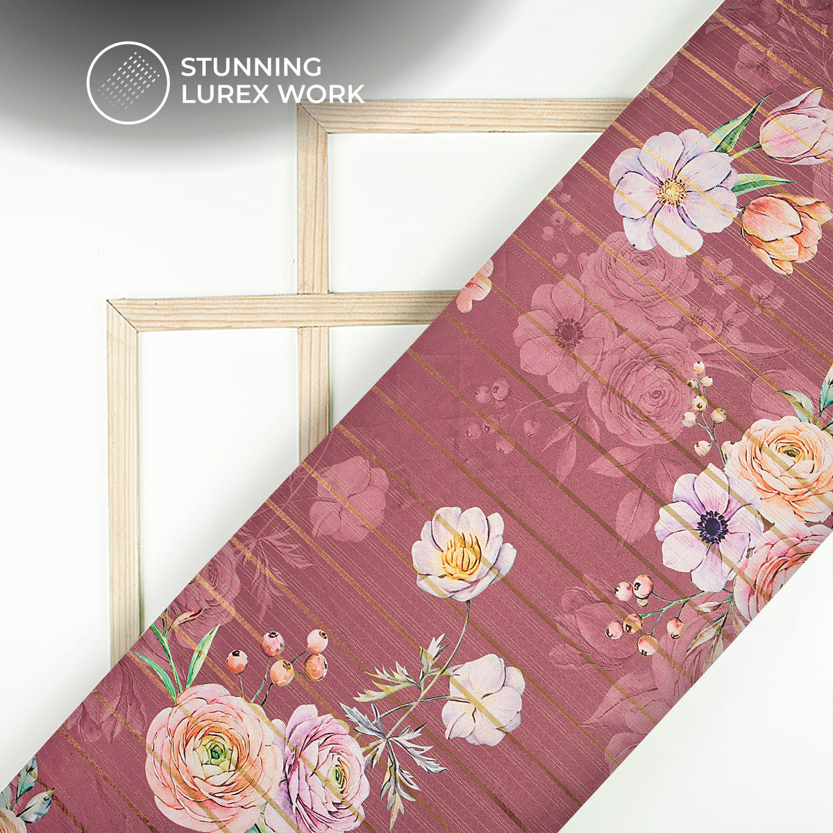 Stylish Brown Floral Digital Print Golden Lurex Satin Fabric