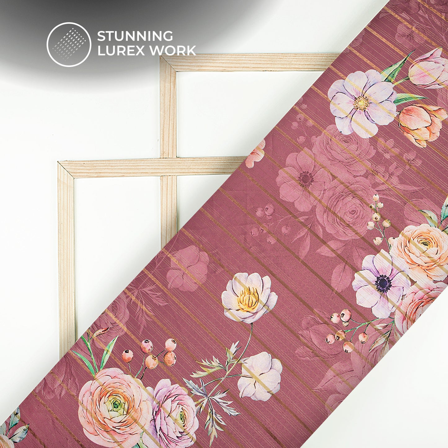 Stylish Brown Floral Digital Print Golden Lurex Satin Fabric