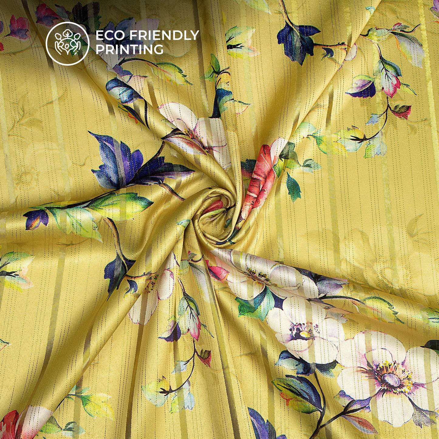 Yellow Beautiful Rose Floral Digital Print Golden Lurex Satin Fabric