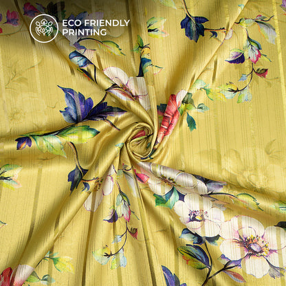 Yellow Beautiful Rose Floral Digital Print Golden Lurex Satin Fabric