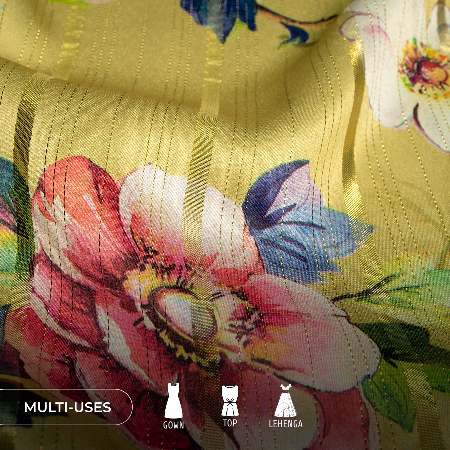 Yellow Beautiful Rose Floral Digital Print Golden Lurex Satin Fabric