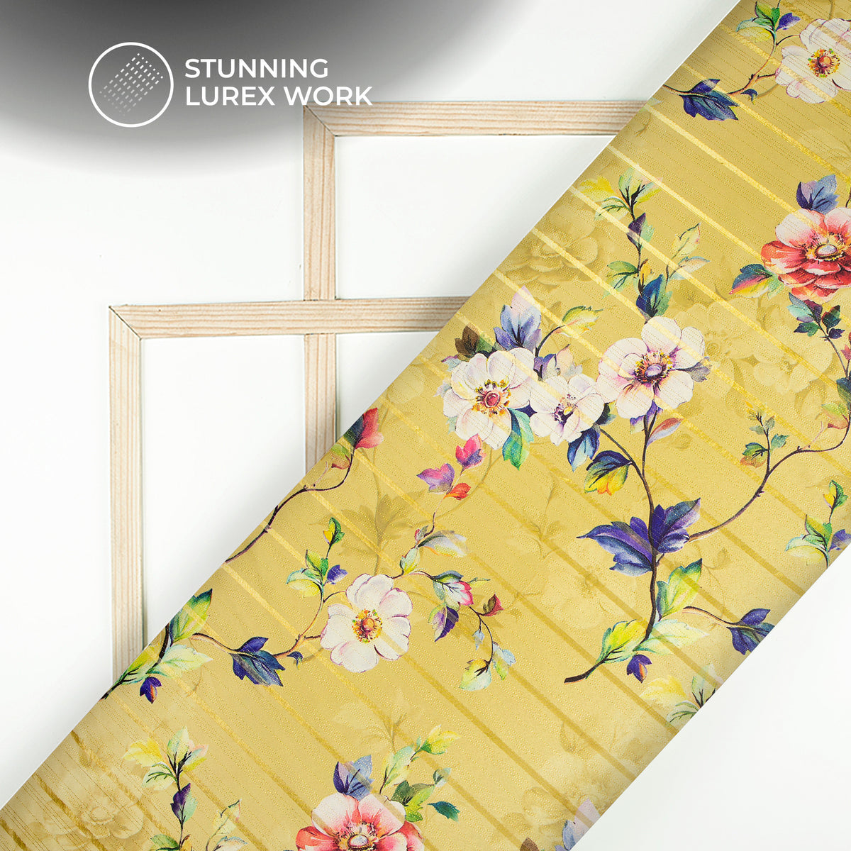 Yellow Beautiful Rose Floral Digital Print Golden Lurex Satin Fabric