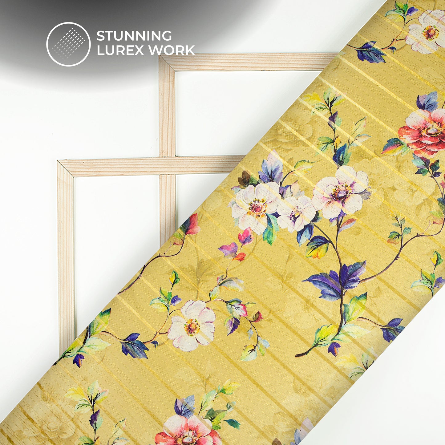 Yellow Beautiful Rose Floral Digital Print Golden Lurex Satin Fabric