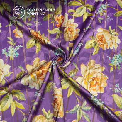 Vintage Purple Floral Digital Print Golden Lurex Satin Fabric
