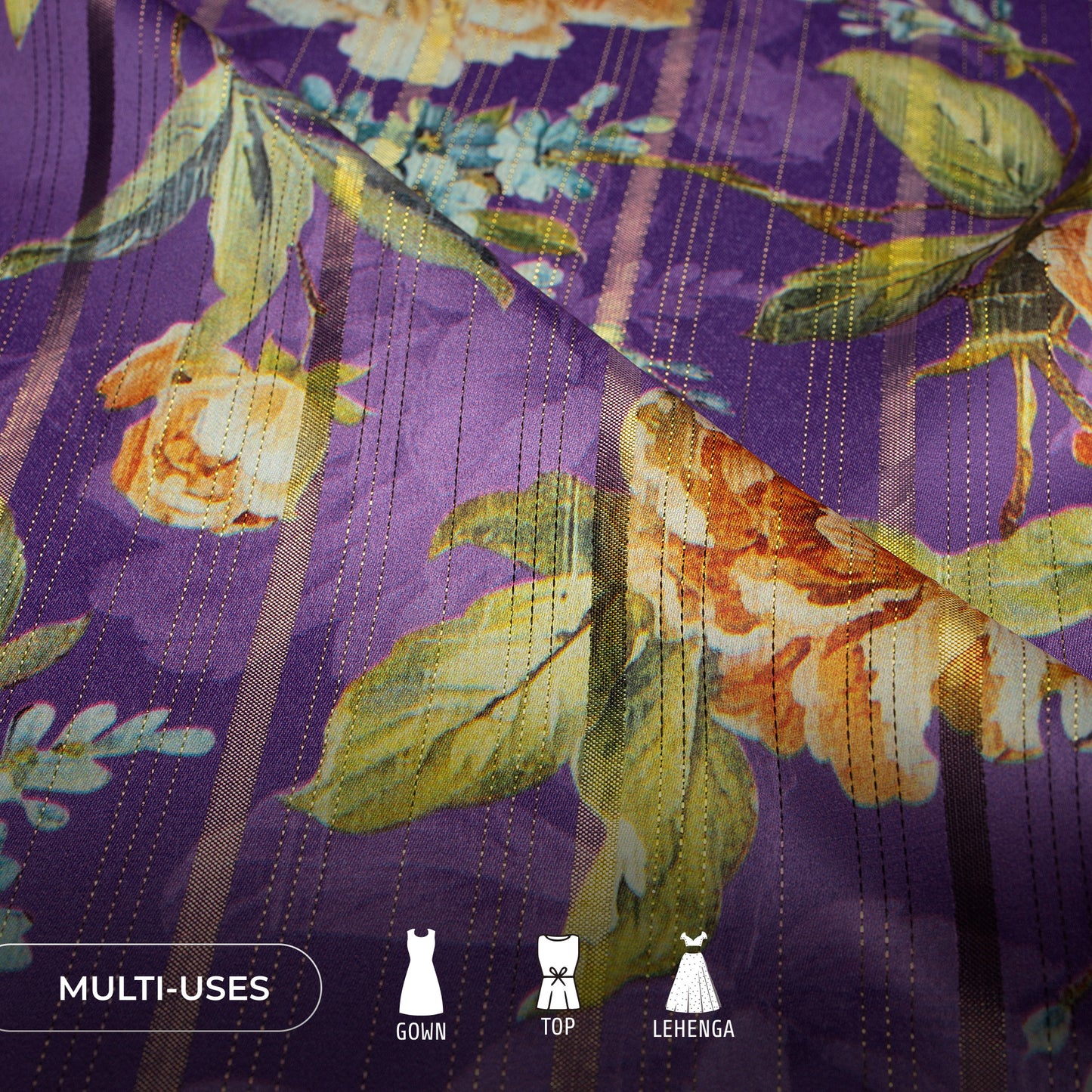 Vintage Purple Floral Digital Print Golden Lurex Satin Fabric