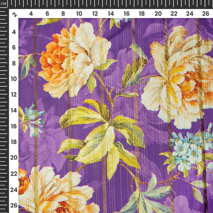 Vintage Purple Floral Digital Print Golden Lurex Satin Fabric