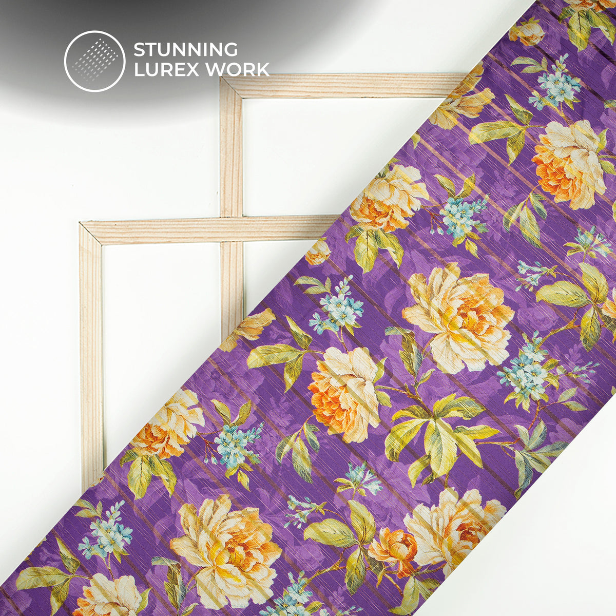 Vintage Purple Floral Digital Print Golden Lurex Satin Fabric