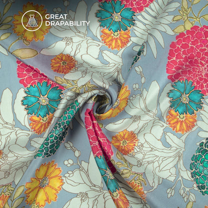 Grey Floral Digital Print Viscose Uppada Silk Fabric For Fashion Brands