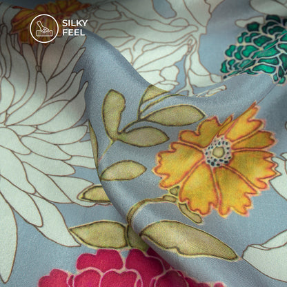 Grey Floral Digital Print Viscose Uppada Silk Fabric For Fashion Brands