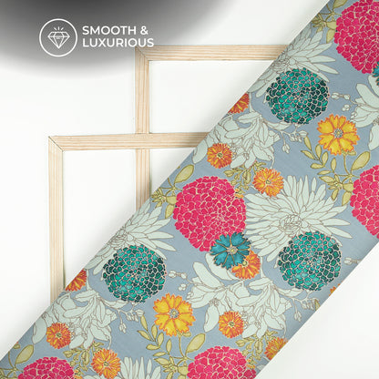 Grey Floral Digital Print Viscose Uppada Silk Fabric For Fashion Brands