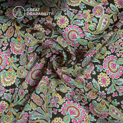 Black Paisley Fantasy Viscose Uppada Silk Fabric - Bulk Supply And Retail