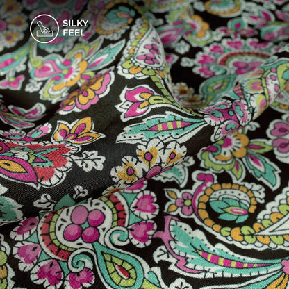 Black Paisley Fantasy Viscose Uppada Silk Fabric - Bulk Supply And Retail