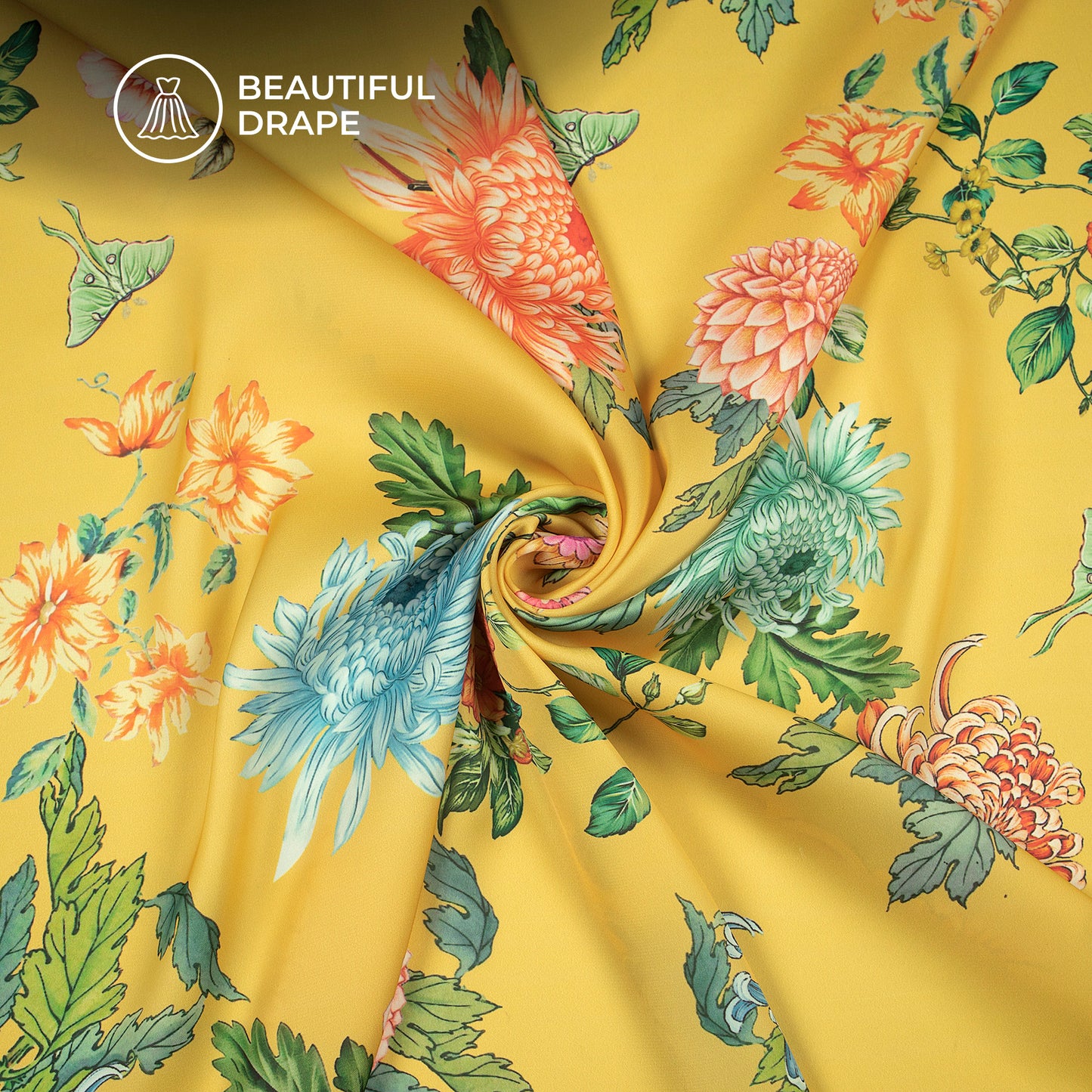 Azure Floral Design Digital Print Imported Satin Fabric