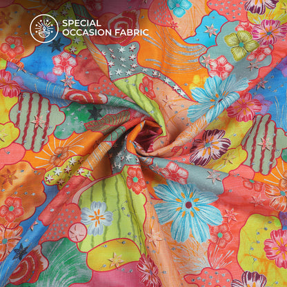 Vibrant Funky Floral  Digital Print Bemberg Raw Silk Fabric