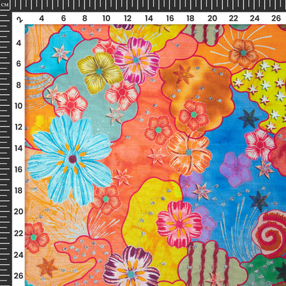 Vibrant Funky Floral  Digital Print Bemberg Raw Silk Fabric
